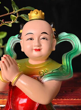 金童玉女一整套观音弟子童子家用仿铜彩绘善财良女佛神像菩萨摆件