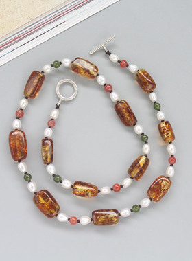 天然蜜蜡花珀项链淡水珍珠