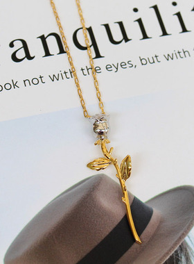 街拍纯银立体玫瑰花植物毛衣链