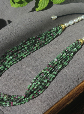 天然红绿宝石淡水珍珠项链毛衣链
