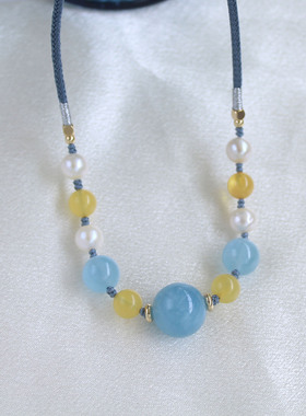 原创天然海蓝宝蜜蜡珍珠项链复古编织百搭配饰短款锁骨链