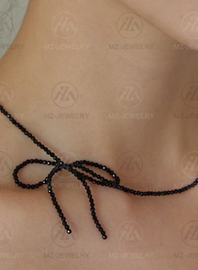 黑尖晶石蝴蝶结项链短款淡水珍珠