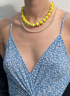 淡水珍珠白水晶绿色仙人掌短项链