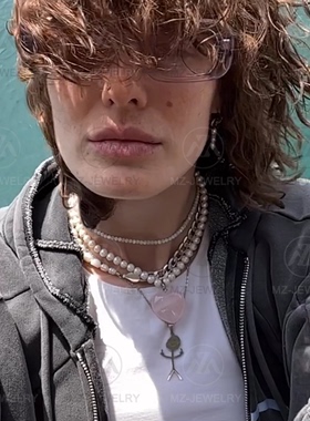 天然粉晶爱心吊坠项链淡水珍珠短