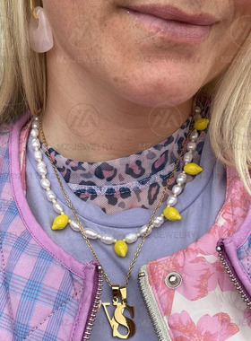 黄色柠檬时髦夏天女百搭珍珠项链