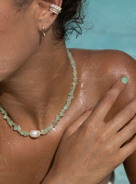 绿色石头淡水珍珠清新气质锁骨链