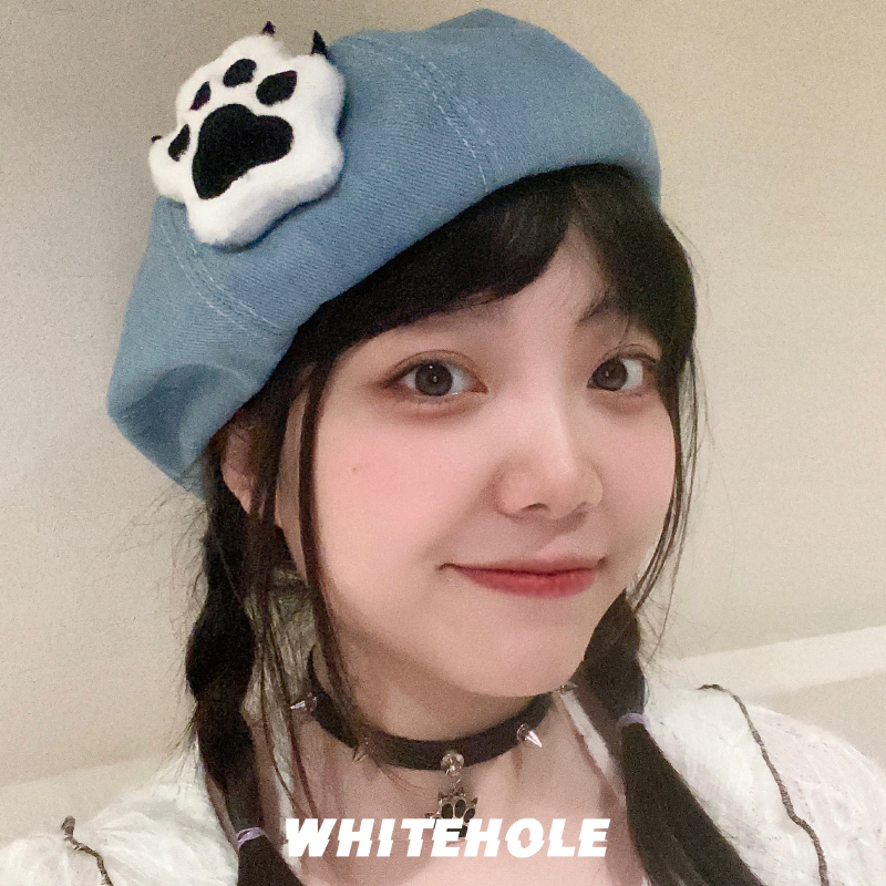 WHITEHOLE 可爱的小狗爪贝雷帽女 y2k甜酷辣妹牛仔大头帽子