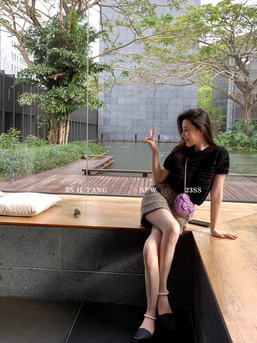 小香风条纹镂空短款针织衫夏季T恤法式黑色针织短袖上衣女 早秋款 - 图0