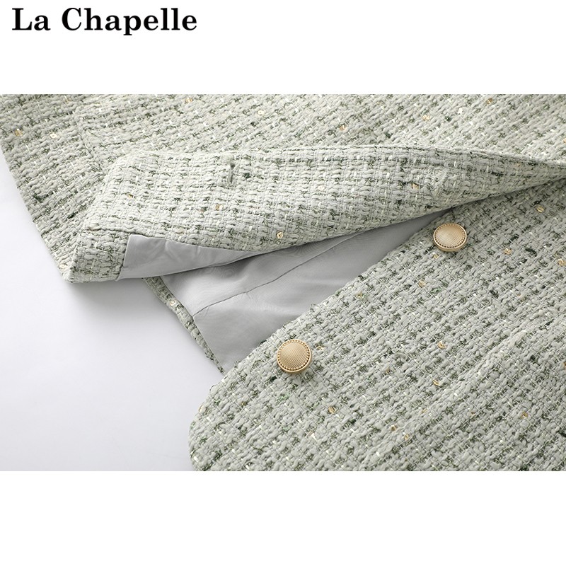 拉夏贝尔/La Chapelle春季2024款绿色小香风外套法式粗花呢上衣女