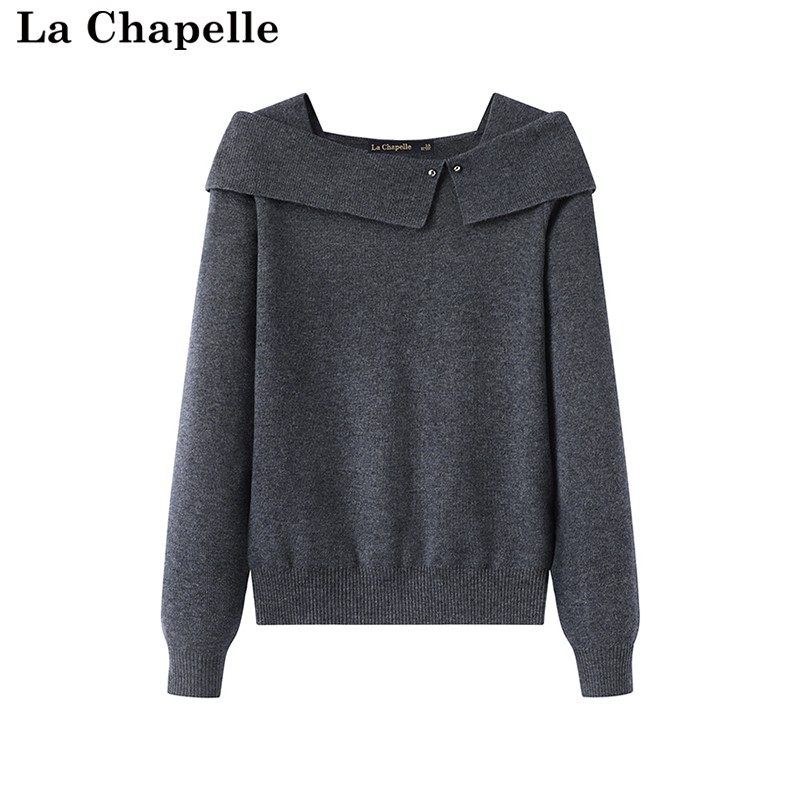 拉夏贝尔/La Chapelle秋冬季新款米白针织衫上衣女一字肩翻领毛衣,淘宝优惠券,粉丝福利购,淘宝优惠卷
