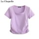 La Chapelle/La Chapelle summer ໃຫມ່ແບບງ່າຍດາຍບ່າຂວາສີ່ຫລ່ຽມຄໍຄໍ slim slim ເສື້ອທີເຊີດແຂນສັ້ນຂອງແມ່ຍິງເທິງ