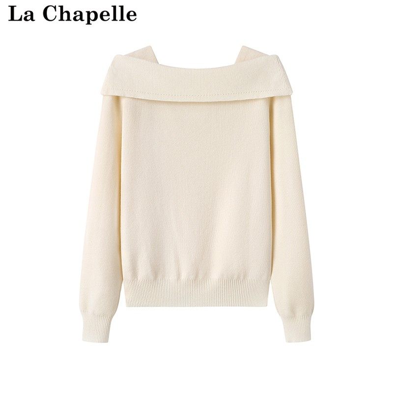 拉夏贝尔/La Chapelle秋冬季新款米白针织衫上衣女一字肩翻领毛衣,淘宝优惠券,粉丝福利购,淘宝优惠卷