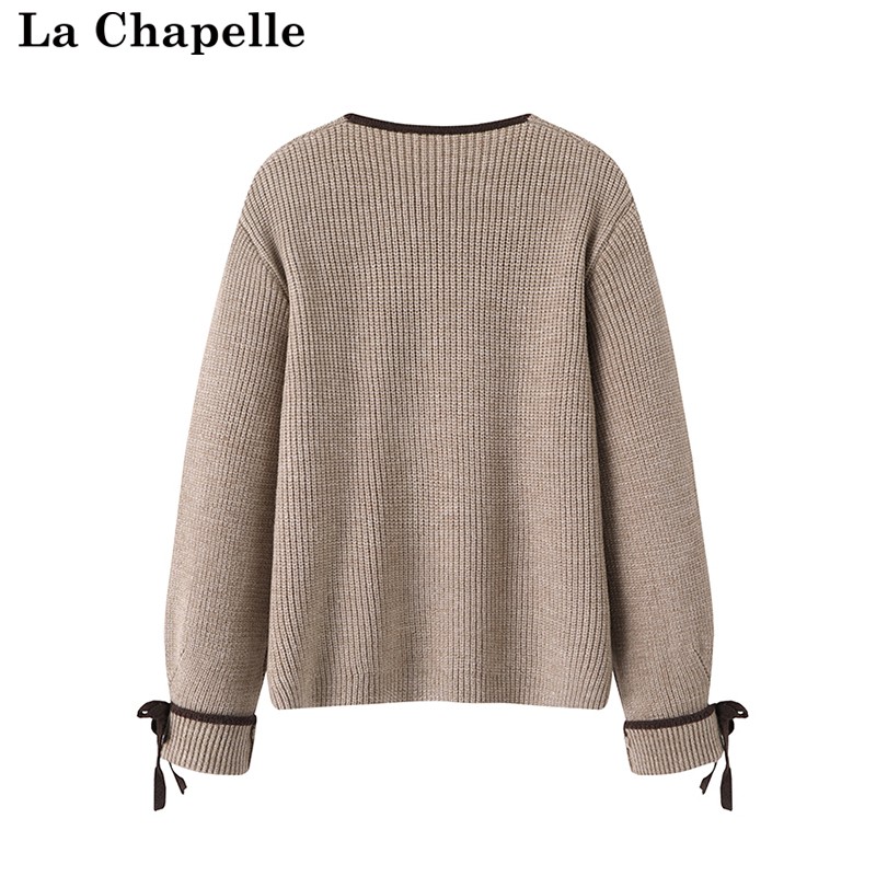 拉夏贝尔/La Chapelle秋冬款复古针织开衫外套女气质撞色V领毛衣 - 图2