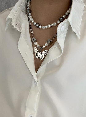 卡门 Asap rocky同款拼接珍珠项链男女百搭个性嘻哈锁骨链潮颈链