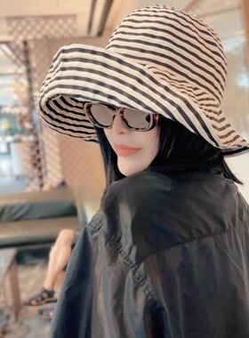 刘亦菲同款可折叠夏季条纹渔夫帽女新款长防晒帽子时尚盆帽太阳帽