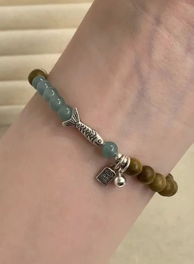 中国风原创锦鲤做旧手链民族复古手串国风绿檀木男女仿古手串绿色