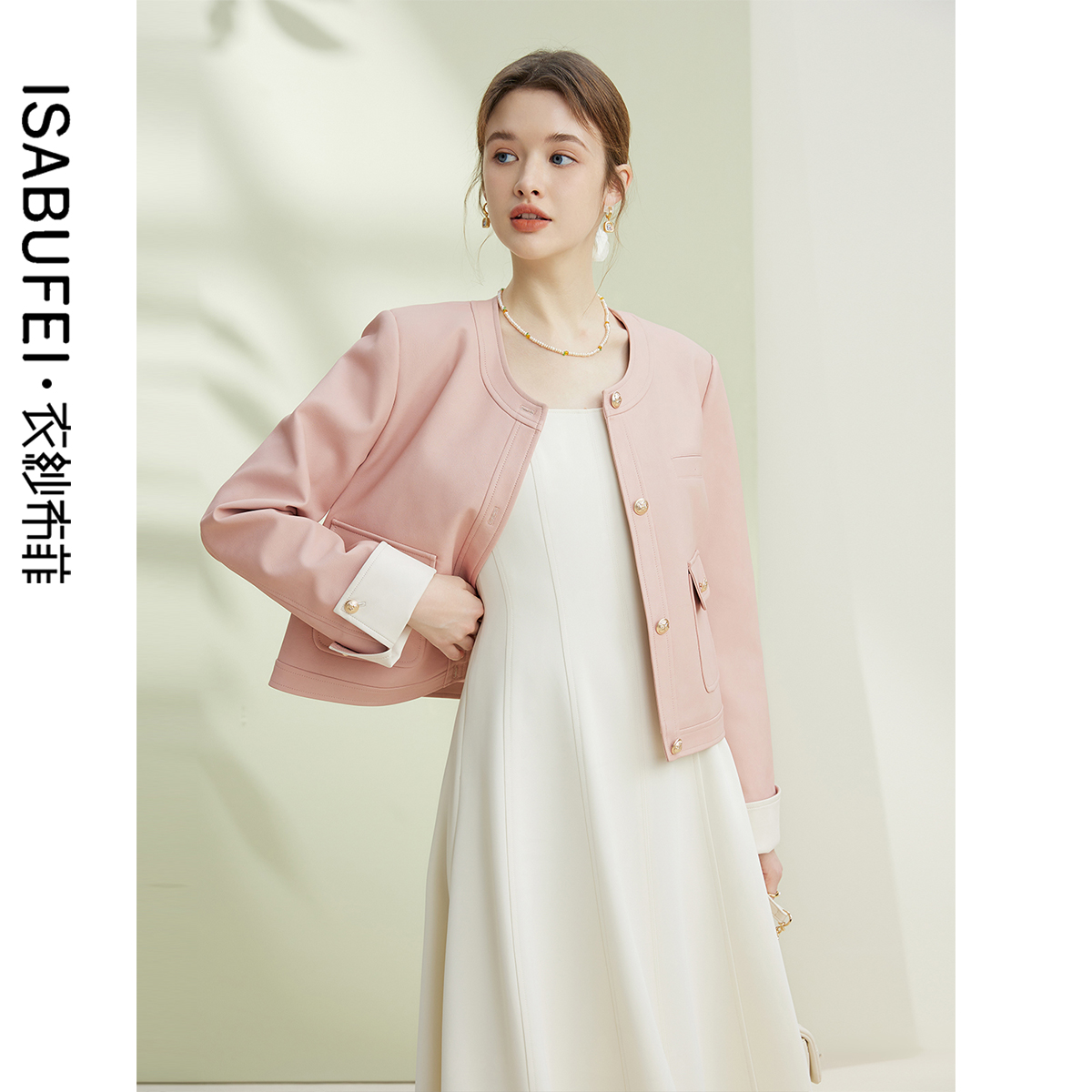 衣纱布菲月桦 时尚女士短外套2024新款春季甜美粉色圆领皮衣夹克