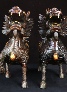 黄铜招财纳福中式居家火麒麟一对