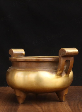 纯黄铜官帽香炉插香摆件三足香炉