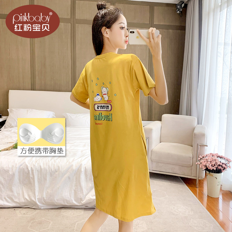 带胸垫夏季短袖纯棉卡通休闲睡裙 红粉宝贝服饰睡裙