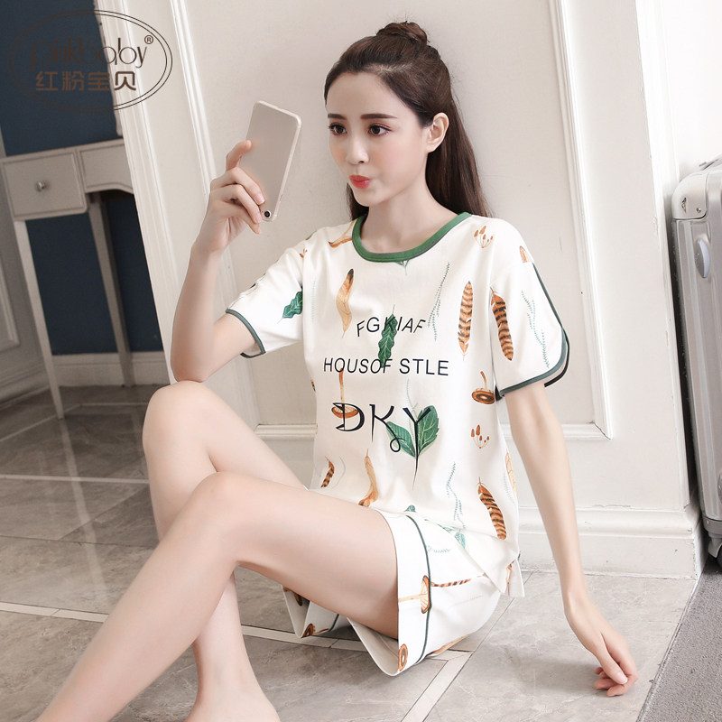 夏天短裤短袖纯棉清新宽松睡衣 红粉宝贝服饰睡衣/家居服套装