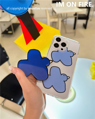 自制韩国ins新款卡通可爱小众涂鸦蓝色小鸟气囊支架iPhone15pro14plus13promax12xs17透明手机壳可挂绳16 - 图0