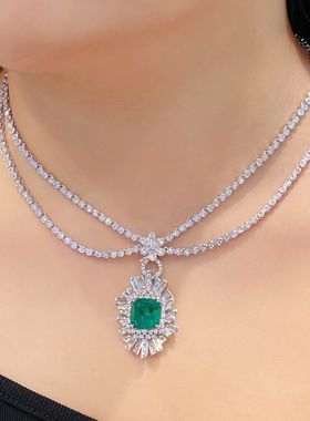 时尚晚装仿真祖母绿银镀金项链