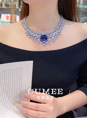 高定款奢华培育合成糖塔蓝色项链.银镀金镶嵌