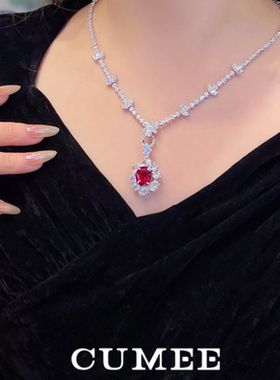 潮流气质女神 百搭日常晚宴款鸽血红色培育合成红宝石项链吊坠.银