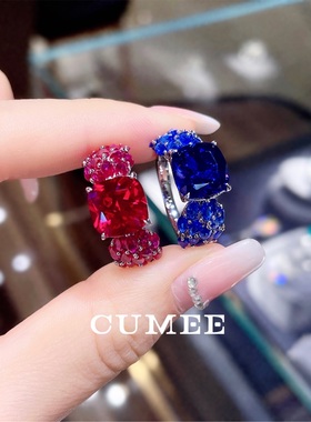 高定设计师款奢华系列红蓝色培育合成宝石女款戒指.银镀金