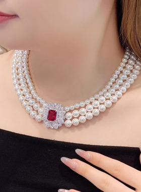 cuMee晚宴红宝石贝珠镀金项链