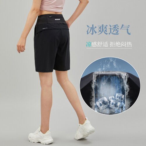 女冰丝速干五分运动短裤后腰口袋可放手机健身休闲裤宽松跑步中裤 - 图1
