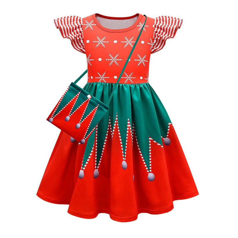 儿童圣诞节服装圣诞树精灵演出礼服cosplay女童短袖公主裙连衣裙-图0