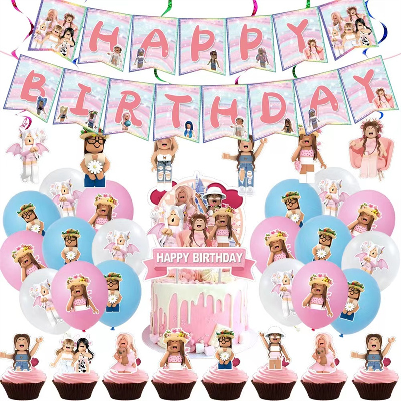 粉色Roblox游戏主题女孩生日派对装饰纸盘纸杯帽桌布拉旗气球海报