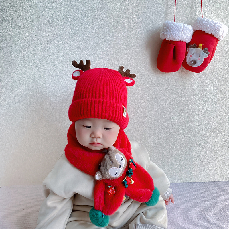 圣诞礼盒套装宝宝帽子围巾手套三件套秋冬保暖小鹿超萌婴儿男女童