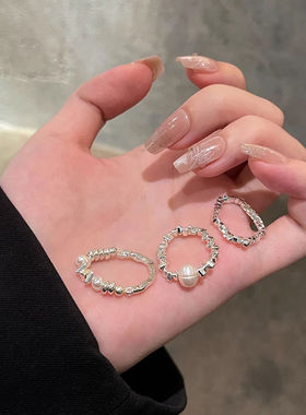 法式高级感几何碎银珍珠戒指女简约冷淡风指环小众个性设计食指戒