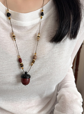 石头木头串珠榛子吊坠项链民族风复古小众毛衣链轻奢高级感项饰女