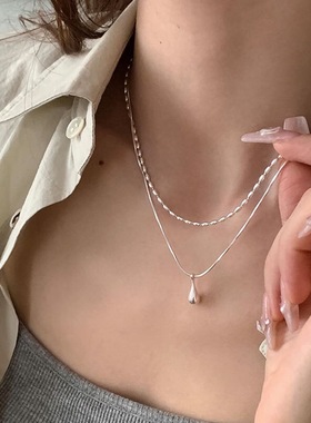 极简冷淡风水滴吊坠项链女时尚个性百搭气质镀银双层锁骨链颈链