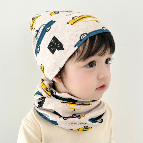 秋冬儿童帽子围脖两件套纯棉保暖婴儿女孩男童宝宝套装春秋套头帽 - 图0