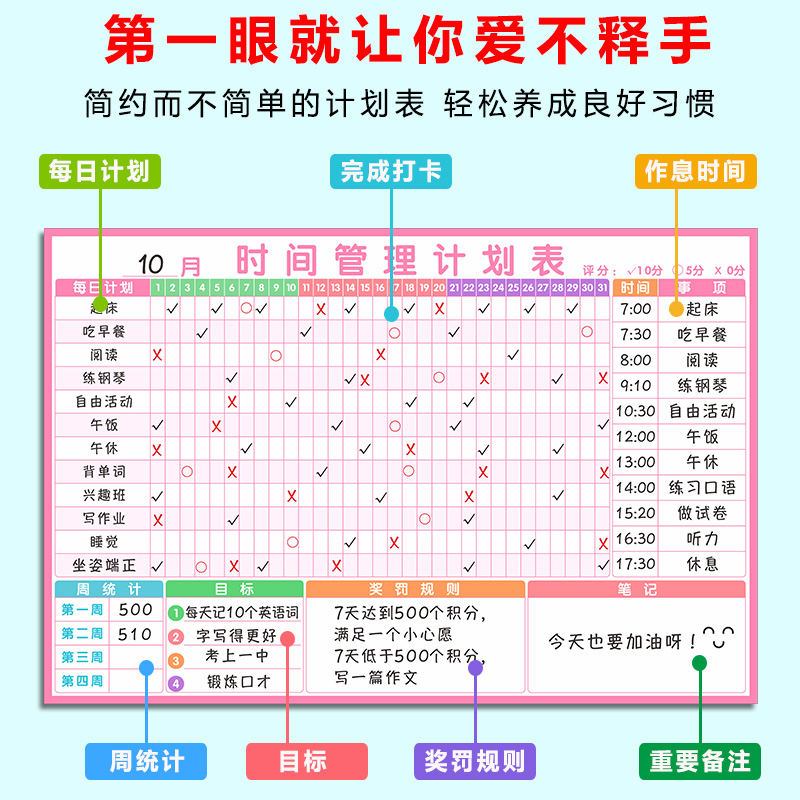 小学生时间管理日程表墙贴儿童每月目标学习自律表运动计划表磁性 - 图1