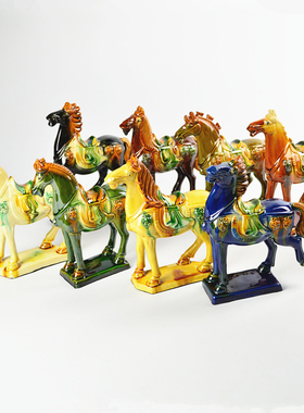 唐三彩陶瓷八骏马电视柜书房摆件