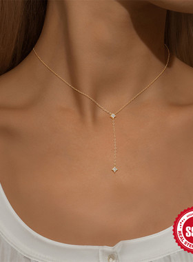 s925纯银四芒星Y形锆石项链女