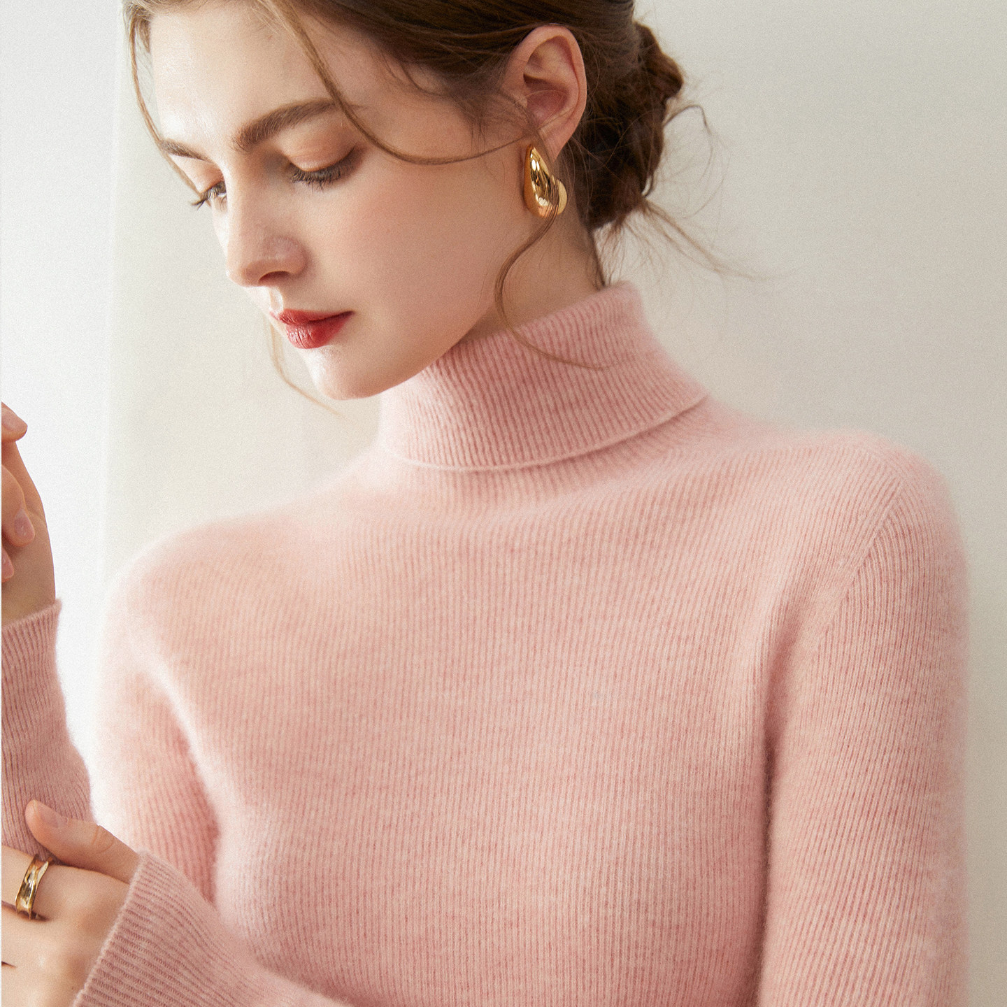 康赛妮~100%一线抽条高翻领简约风纯山羊绒衫女打底衫毛衣内搭款,淘宝优惠券,粉丝福利购,淘宝优惠卷