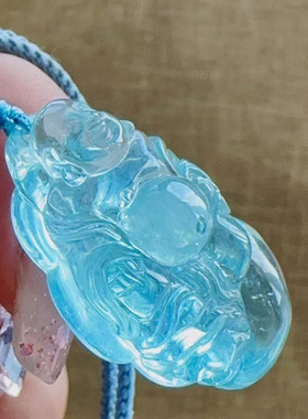 天然海蓝宝观音大肚佛吊坠男女款