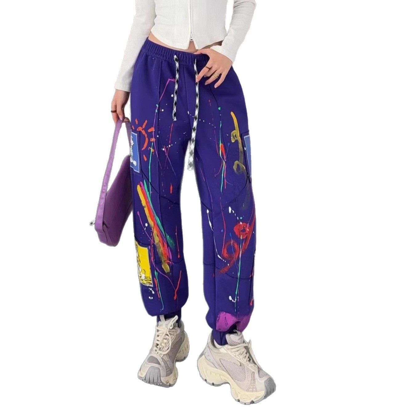 2026春季新款洋气个性彩绘涂鸦宽松卫裤女松紧腰抽绳束脚哈伦裤子,淘宝优惠券,粉丝福利购,淘宝优惠卷