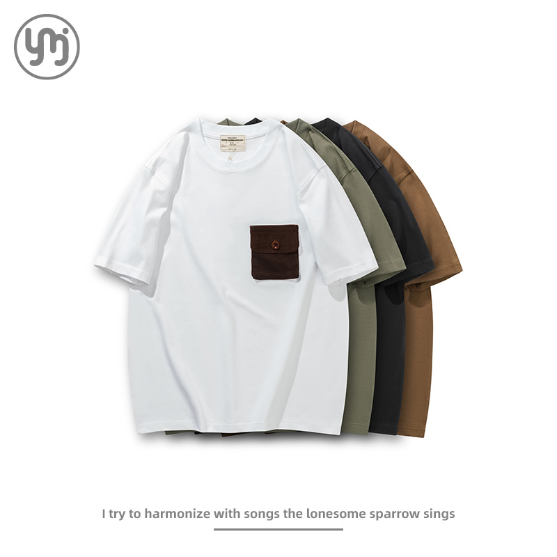BDF重磅260G纯棉T恤夏季男士日系工装单口袋纯色圆领大码休闲短袖 - 图1