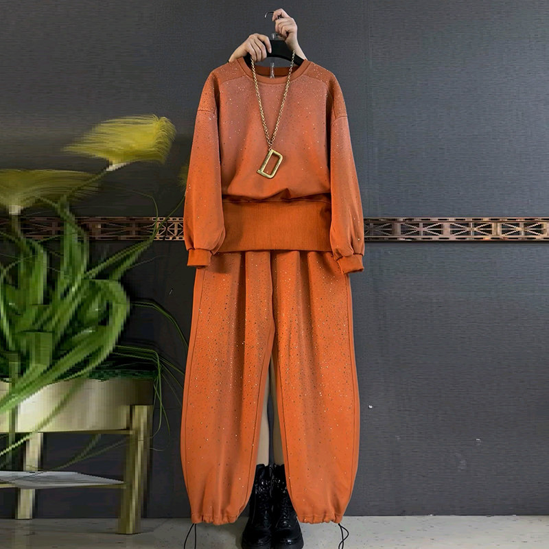 胖mm显瘦大码女装烫钻上衣裤子两件套2026春季新款卫衣卫裤套装潮,淘宝优惠券,粉丝福利购,淘宝优惠卷