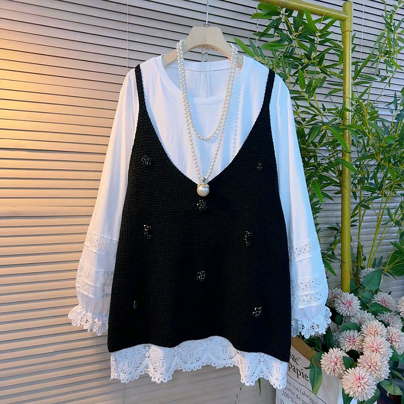 胖妹妹大码女装春季新款韩系中长款吊带订珠针织马甲搭蕾丝花边衫,淘宝优惠券,粉丝福利购,淘宝优惠卷