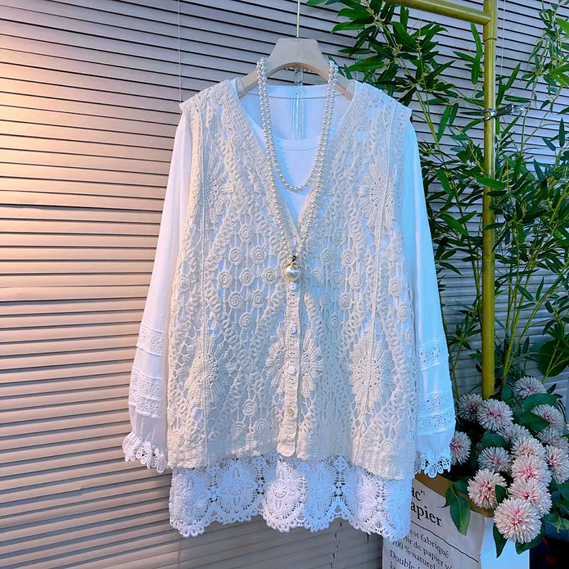 时尚大码女装钩花镂空马甲胖MM显瘦蕾丝拼接内搭春季新款针织马夹,淘宝优惠券,粉丝福利购,淘宝优惠卷