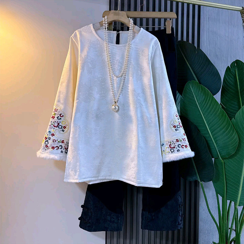 国风复古提花有鱼刺绣加绒大衫新款胖妹妹大码女装百搭盘扣裤子潮,淘宝优惠券,粉丝福利购,淘宝优惠卷